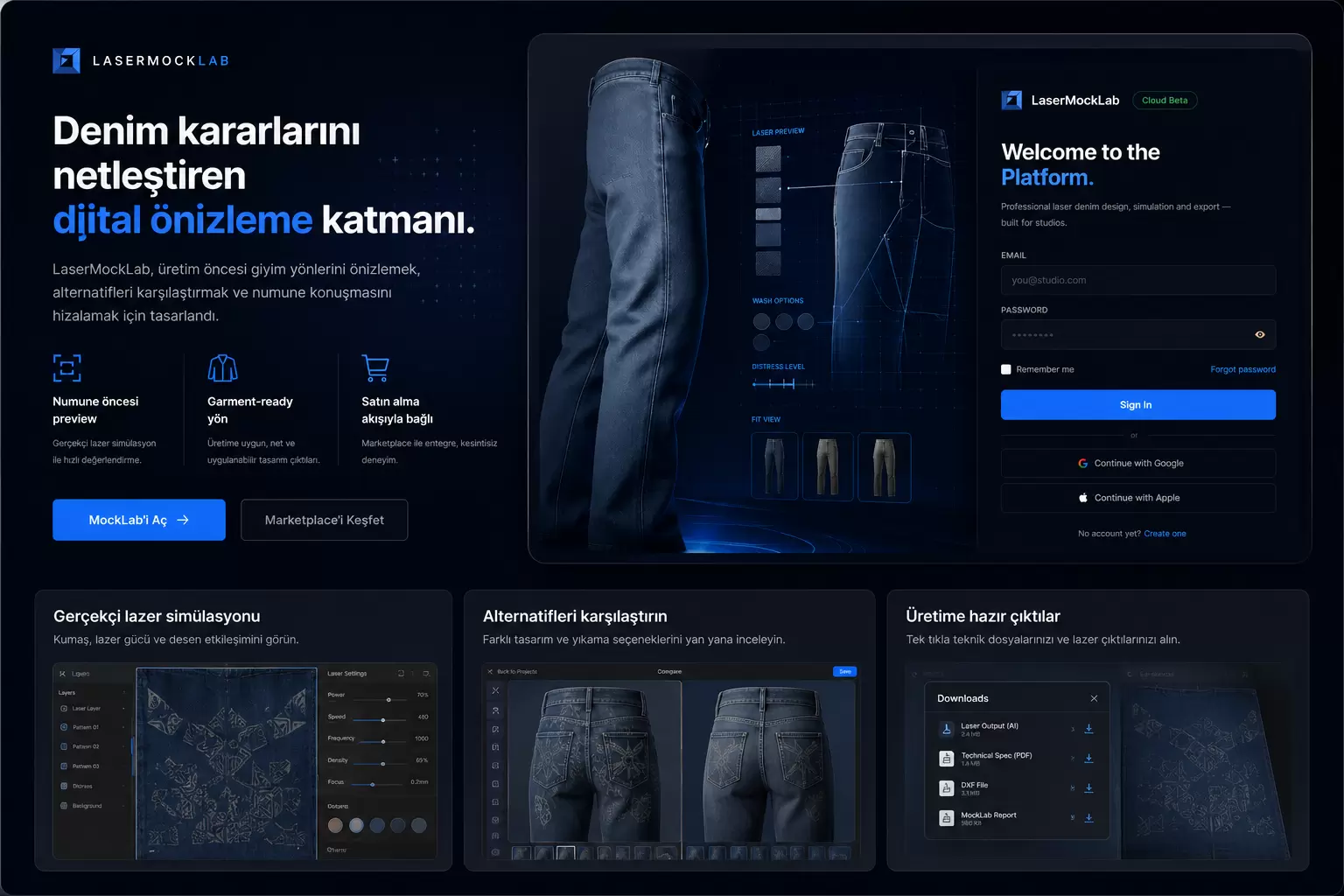LaserMockLab product interface showing denim simulation tools.